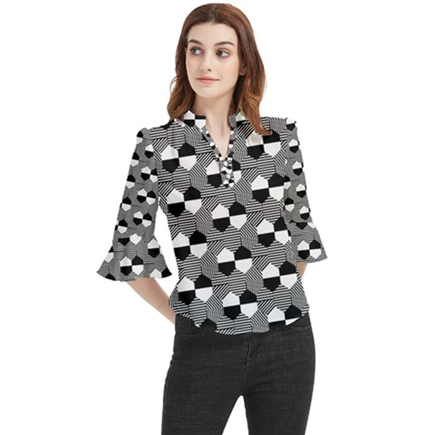 Geometric Pattern Line Form Texture Structure Loose Horn Sleeve Chiffon Blouse by Ravend