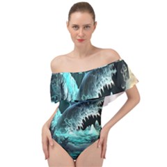 Sculpture Dinosaur Shark Frozen Winter Fantasy Off Shoulder Velour Bodysuit  by Ravend