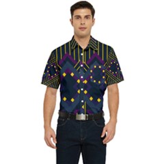 Line Square Pattern Violet Blue Yellow Design Men s Short Sleeve Pocket Shirt  by Ravend