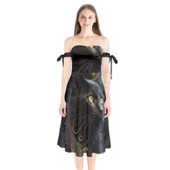 Ai Generated Cat Moon Feline Cute Shoulder Tie Bardot Midi Dress by Ravend