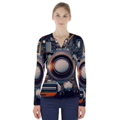 Illustrations Technology Robot Internet Processor V-neck Long Sleeve Top by Ravend