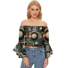 Illustrations Technology Robot Internet Processor Off Shoulder Flutter Bell Sleeve Top by Ravend