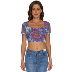 Fractals Abstract Art Cyan Spiral Vortex Pattern Short Sleeve Square Neckline Crop Top  by Ravend