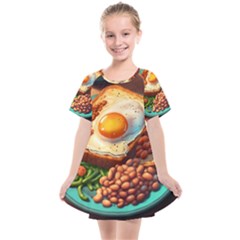 Ai Generated Breakfast Egg Beans Toast Plate Kids  Smock Dress by danenraven