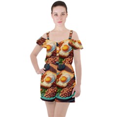 Ai Generated Breakfast Egg Beans Toast Plate Ruffle Cut Out Chiffon Playsuit by danenraven