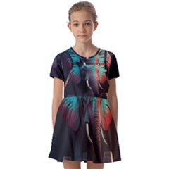 Ai Generated Elephant Tusks Trunk Wildlife Africa Kids  Short Sleeve Pinafore Style Dress by danenraven