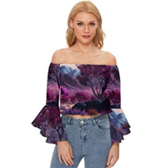 Landscape Landscape Painting Purple Purple Trees Off Shoulder Flutter Bell Sleeve Top by danenraven