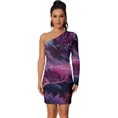 Landscape Landscape Painting Purple Purple Trees Long Sleeve One Shoulder Mini Dress by danenraven