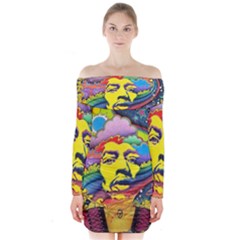 Psychedelic Rock Jimi Hendrix Long Sleeve Off Shoulder Dress by Jancukart