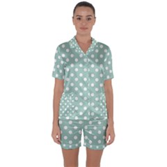 Light Blue And White Polka Dots Satin Short Sleeve Pajamas Set by GardenOfOphir