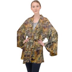 Rusty Orange Abstract Surface Long Sleeve Velvet Kimono  by dflcprintsclothing