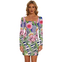 Luxurious Watercolor Flowers Long Sleeve Square Neck Bodycon Velvet Dress by GardenOfOphir