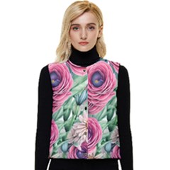 Majestic Watercolor Flowers Women s Short Button Up Puffer Vest by GardenOfOphir