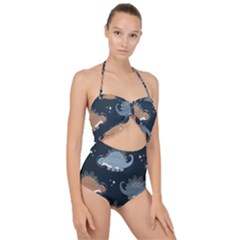 Dino Art Pattern Design Wallpaper Background Scallop Top Cut Out Swimsuit by Ravend