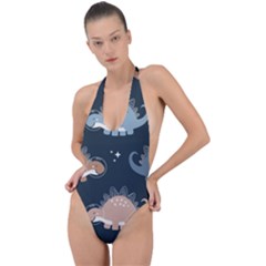 Dino Art Pattern Design Wallpaper Background Backless Halter One Piece Swimsuit by Ravend