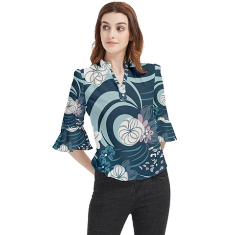 Flowers Pattern Floral Ocean Abstract Digital Art Loose Horn Sleeve Chiffon Blouse by Ravend