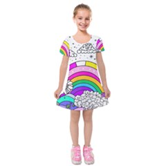 Rainbow Fun Cute Minimal Doodle Drawing Art Kids  Short Sleeve Velvet Dress by Ravend