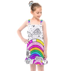 Rainbow Fun Cute Minimal Doodle Drawing Art Kids  Overall Dress by Ravend