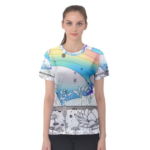 Rainbow Fun Cute Minimal Doodle Drawing Arts Women s Sport Mesh Tee by Ravend