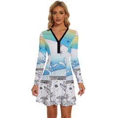 Rainbow Fun Cute Minimal Doodle Drawing Arts Long Sleeve Deep V Mini Dress  by Ravend