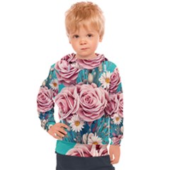 Coral Blush Rose On Teal Kids  Hooded Pullover by GardenOfOphir