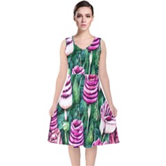 Attractive Watercolor Flowers V-neck Midi Sleeveless Dress  by GardenOfOphir