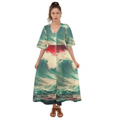 Storm Tsunami Waves Ocean Sea Nautical Nature Painting Kimono Sleeve Boho Dress by Ravend