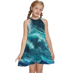 Thunderstorm Tsunami Tidal Wave Ocean Waves Sea Kids  Halter Collar Waist Tie Chiffon Dress by Ravend