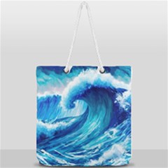 Tsunami Tidal Wave Ocean Waves Sea Nature Water Blue Painting Full Print Rope Handle Tote (large) by Ravend