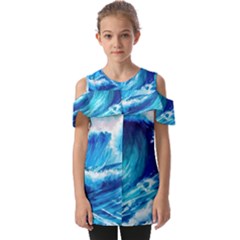 Tsunami Tidal Wave Ocean Waves Sea Nature Water Blue Painting Fold Over Open Sleeve Top by Ravend