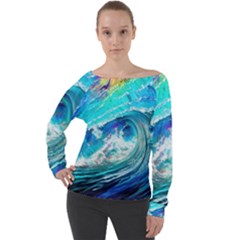 Tsunami Waves Ocean Sea Nautical Nature Water Painting Off Shoulder Long Sleeve Velour Top by Ravend