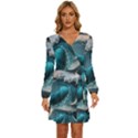 Tsunami Waves Ocean Sea Water Rough Seas Long Sleeve Waist Tie Ruffle Velvet Dress View1