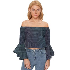 Circuit Board Circuits Mother Board Computer Chip Off Shoulder Flutter Bell Sleeve Top by Ravend