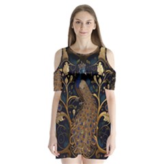 Peacock Plumage Bird Decorative Pattern Graceful Shoulder Cutout Velvet One Piece by Ravend