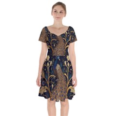 Peacock Plumage Bird Decorative Pattern Graceful Short Sleeve Bardot Dress by Ravend