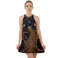 Peacock Plumage Bird Decorative Pattern Graceful Halter Tie Back Chiffon Dress by Ravend