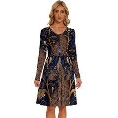 Peacock Plumage Bird Decorative Pattern Graceful Long Sleeve Dress With Pocket by Ravend