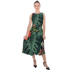 Flowers Monstera Foliage Tropical Jungle Drawing Midi Tie-back Chiffon Dress by Ravend