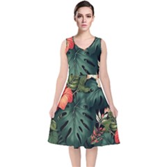 Flowers Monstera Foliage Tropical Jungle Drawing V-neck Midi Sleeveless Dress  by Ravend