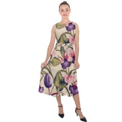 Flowers Pattern Decorative Wallpaper Scrapbooking Midi Tie-back Chiffon Dress by Ravend