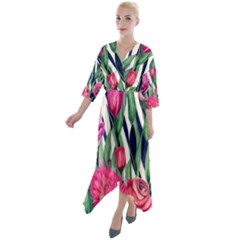 Classy Botanicals – Watercolor Flowers Botanical Quarter Sleeve Wrap Front Maxi Dress by GardenOfOphir