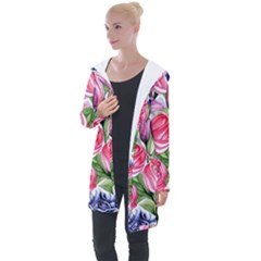 Charming Foliage – Watercolor Flowers Botanical Longline Hooded Cardigan by GardenOfOphir