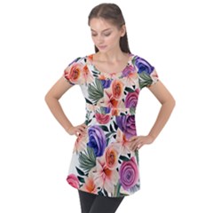 Country-chic Watercolor Flowers Puff Sleeve Tunic Top by GardenOfOphir