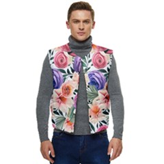 Country-chic Watercolor Flowers Men s Short Button Up Puffer Vest	 by GardenOfOphir