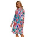 Brilliantly Hued Watercolor Flowers In A Botanical Long Sleeve Shirt Collar A-Line Dress View2