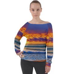 Summer Sunset Over The Ocean Off Shoulder Long Sleeve Velour Top by GardenOfOphir