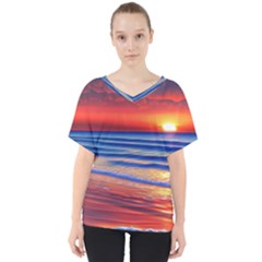 Golden Sunset Over Beach V-neck Dolman Drape Top by GardenOfOphir