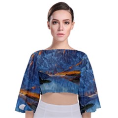 Majestic Lake Landscape Tie Back Butterfly Sleeve Chiffon Top by GardenOfOphir