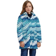 Abstract Blue Ocean Waves Kid s Hooded Longline Puffer Jacket by GardenOfOphir