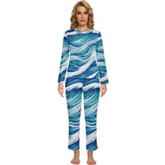 Abstract Blue Ocean Waves Womens  Long Sleeve Lightweight Pajamas Set by GardenOfOphir